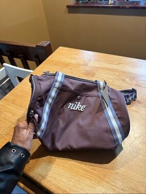 Nike Brown small tote .. Brown with Light Blue & White Stripes